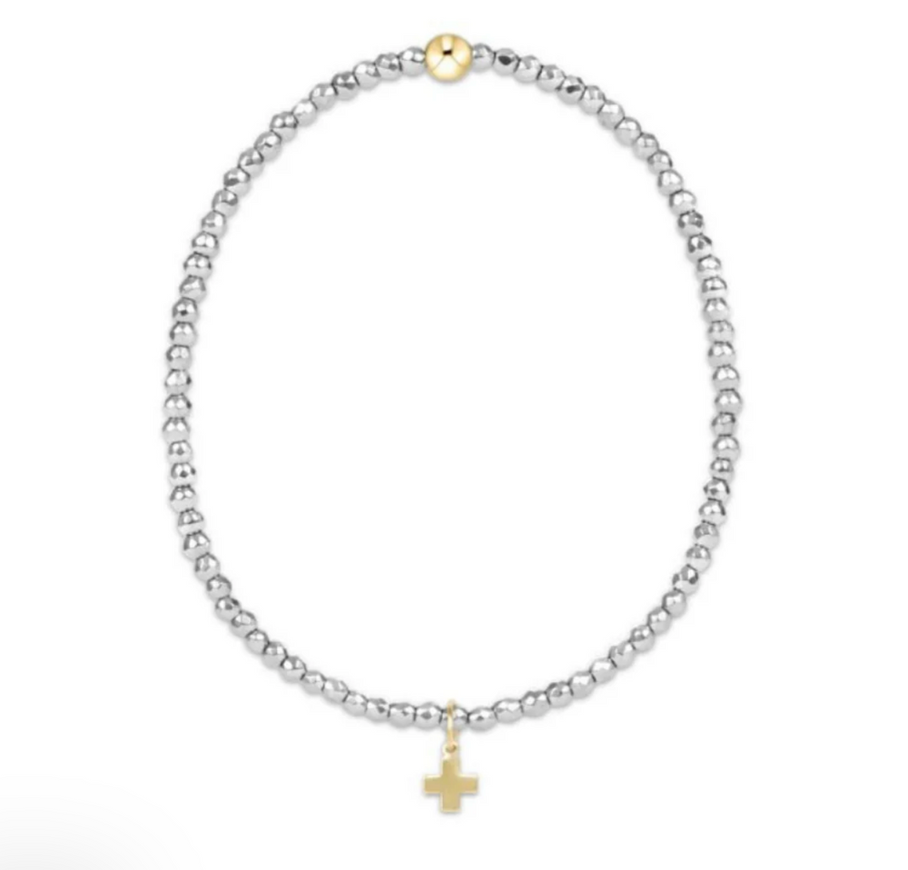 CLASSIC STERLING MIXED METAL 2MM BEAD BRACELET - SIGNATURE CROSS SMALL GOLD CHARM