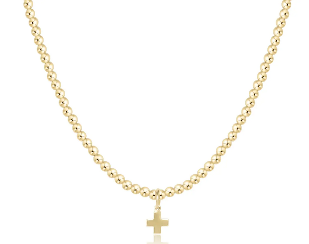 15" Choker Classic Gold 2mm Bead - Classic Beaded Signature Cross Small Gold Charm