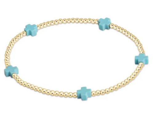 Signature Cross Small Gold Pattern 2mm Bead Bracelet - Turquoise