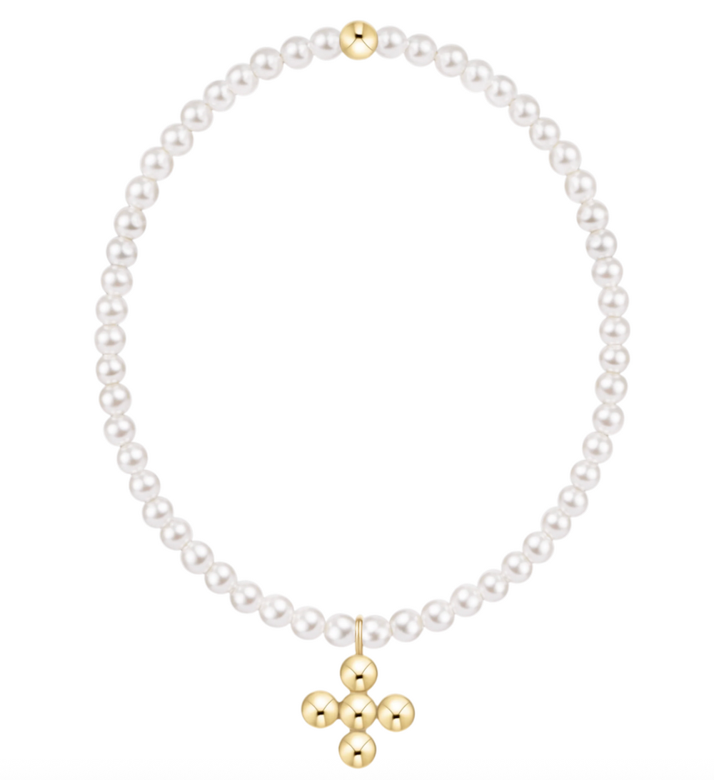 Classic Pearl 3mm Bracelet- Signature Cross 4mm Beaded Gold Charm