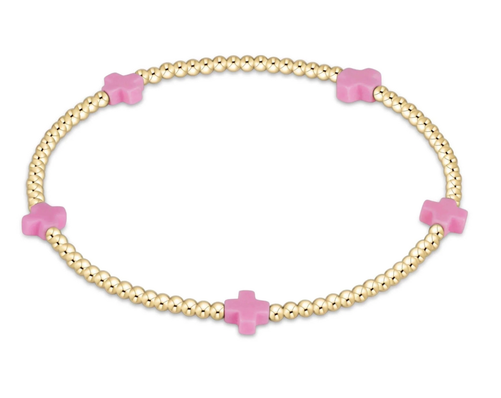 Signature Cross Small Gold Pattern 2mm Bead Bracelet - Bright Pink