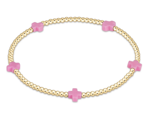 Signature Cross Small Gold Pattern 2mm Bead Bracelet - Bright Pink