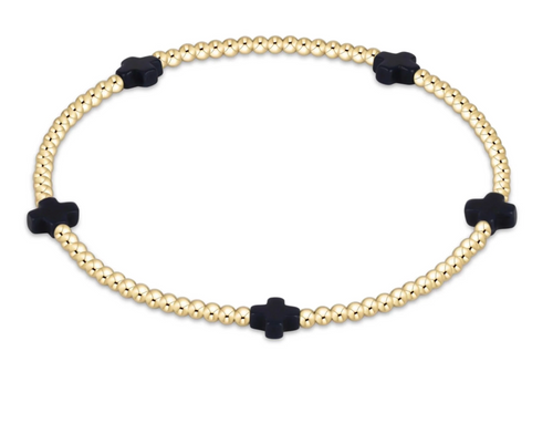 Signature Cross Small Gold Pattern 2mm Bead Bracelet - Navy