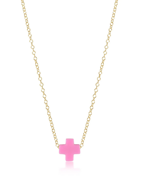 16" Necklace Gold Cross Bright Pink
