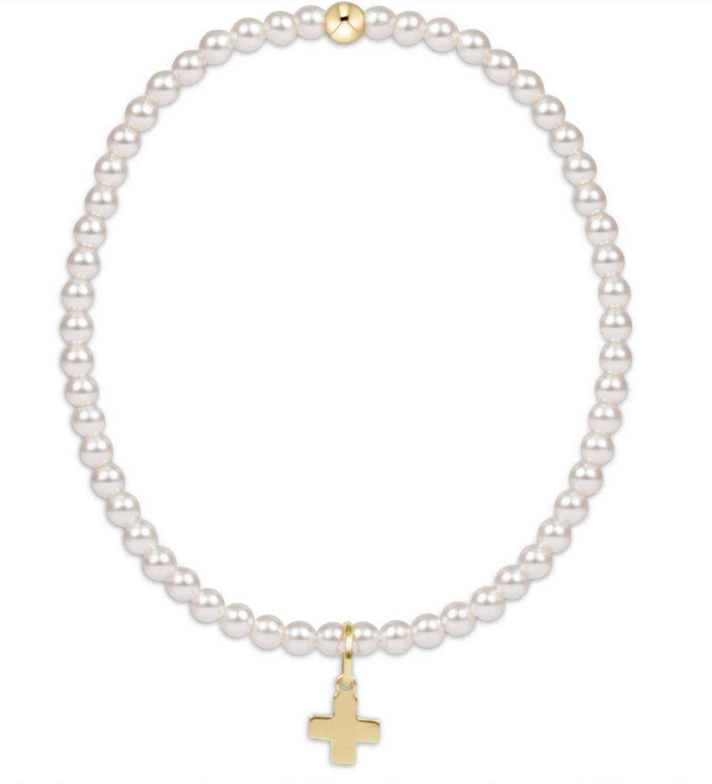 Classic Pearl 3mm Bead Bracelet - Signature Cross Gold Charm