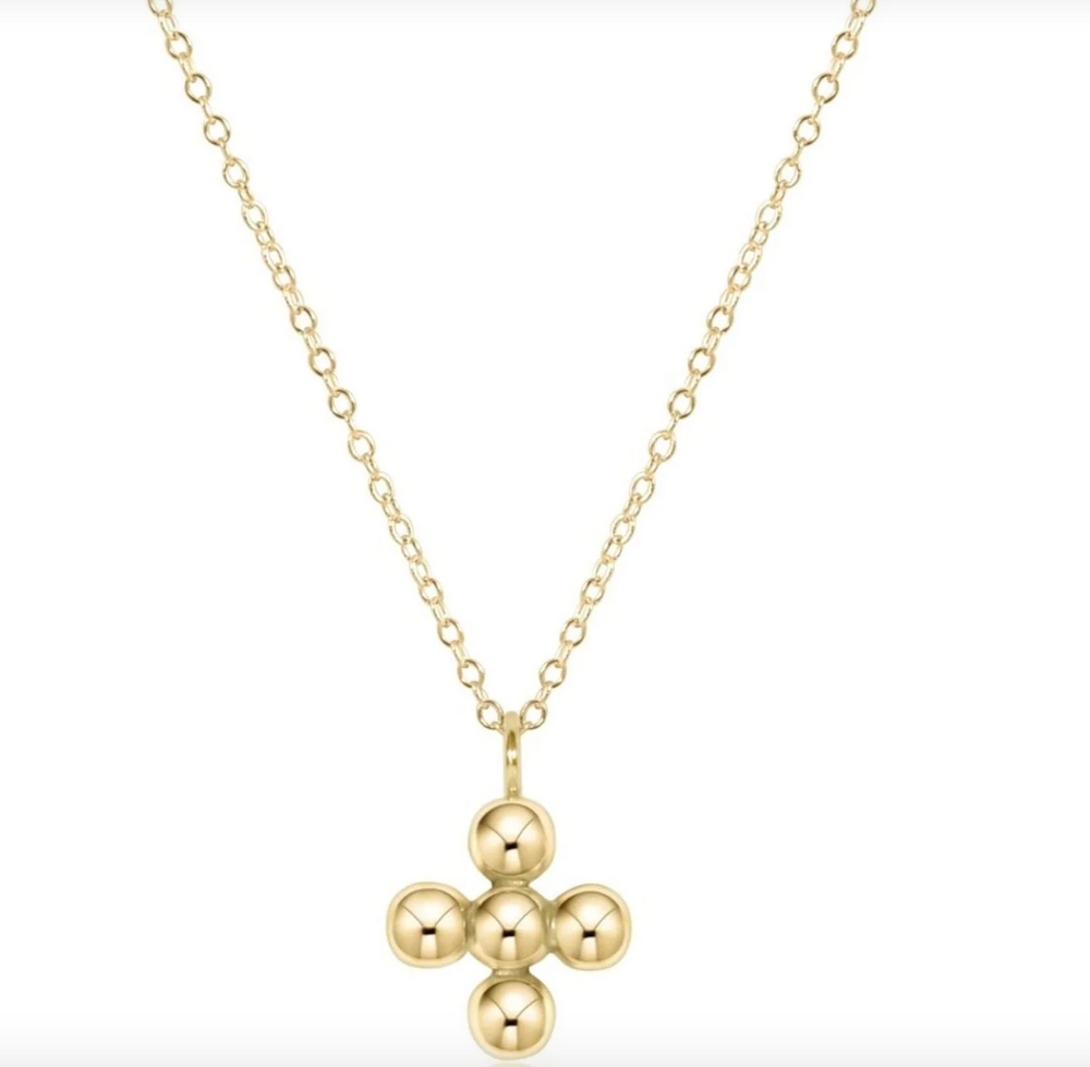 16" Necklace Gold - Classic Beaded Signature Cross Gold Charm - 4mm Bead Gold