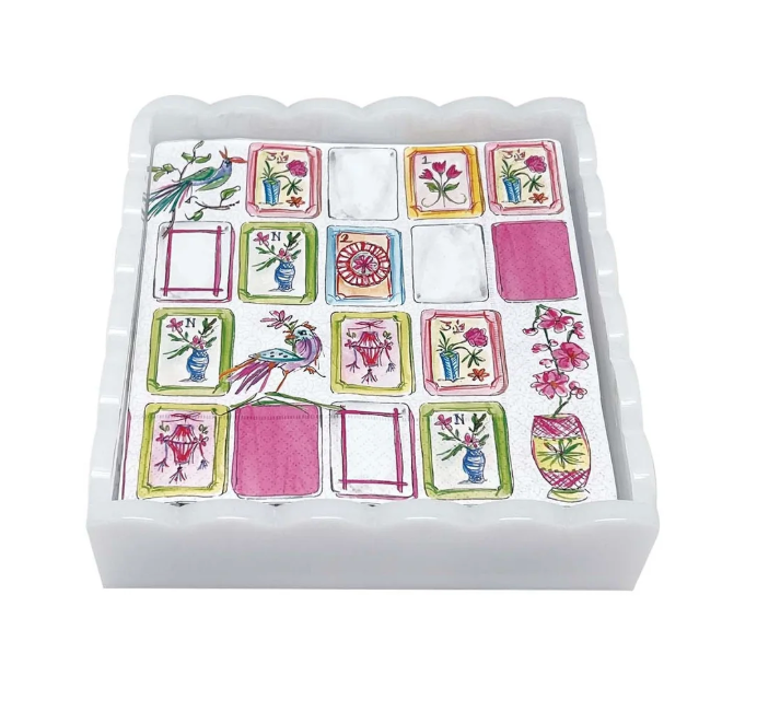 Mahjong White Scalloped Cocktail Napkin Box Set